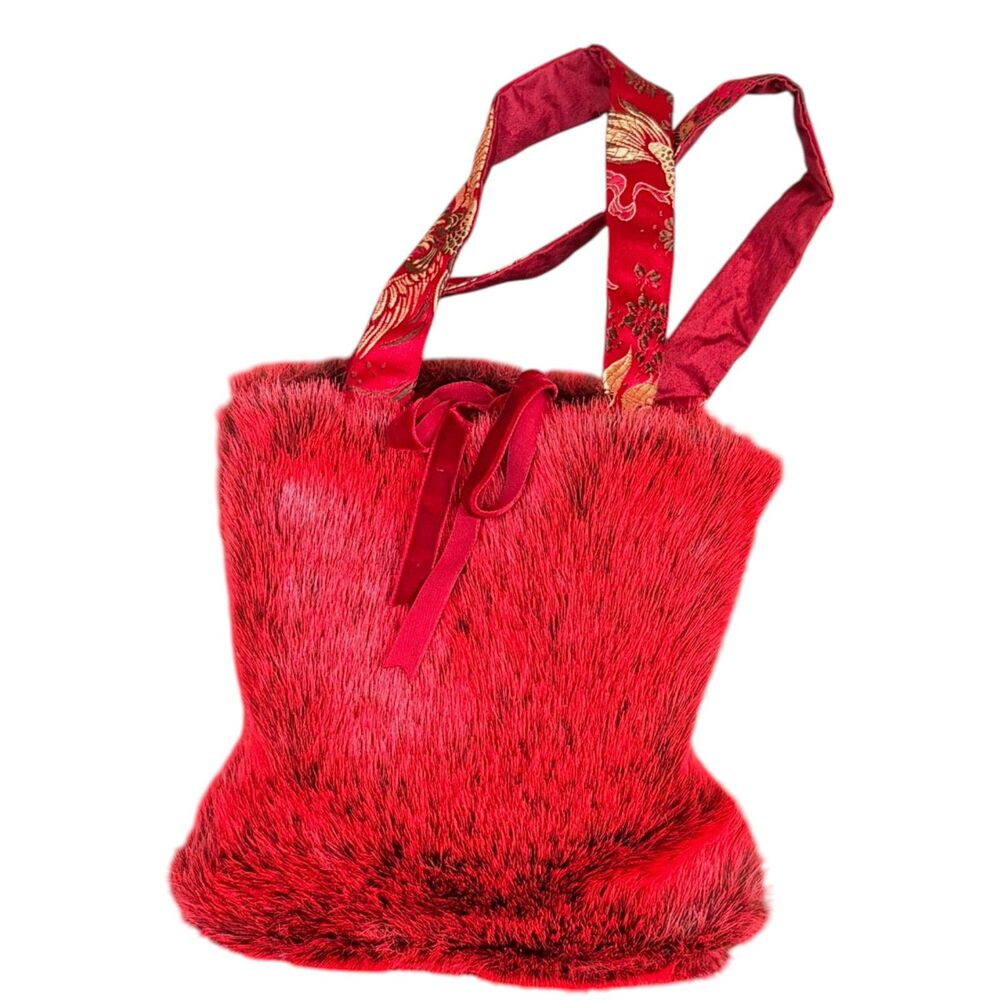 Y2K LUCKY AND FUNKY RED FAUX FUR HANDBAG WITH CHINESE PRINT HANDLES
